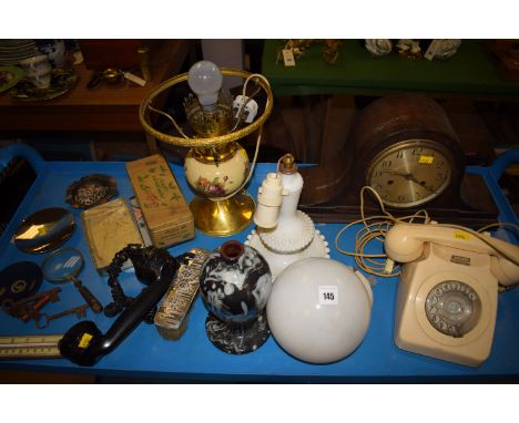 An oak mantel clock in arched case together with a 1970's telephone; a slip ware vase and a Fullers Peppermint Lump's tin box