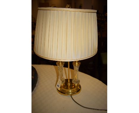 A modern brass and glass double table lamp with shade (damage to glass).