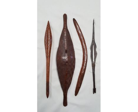 Australian Aboriginal items, to include: a carved wood broad shield, Murray River, decorated with panels of interlocking diam