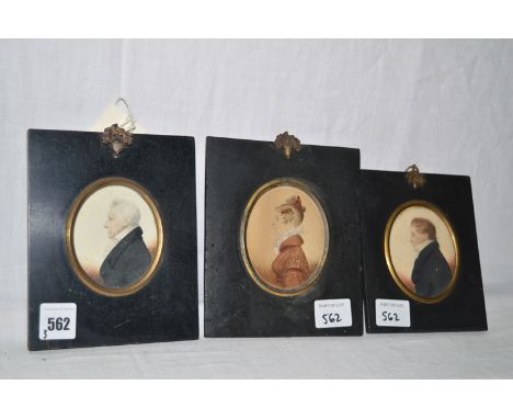 Miniature watercolour portraits - a gentleman and his wife; together with another portrait of a gentleman.  (3)