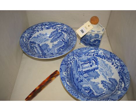 A pair of Copeland Spodes Italian pattern circular bowls and Copeland Spodes Italian tea caddy inscribed 'Polly put the kettl