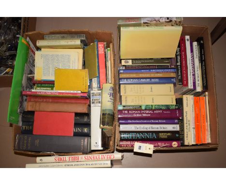 Two boxes of hard back books relating to the Roman Army and the Roman empire and others.