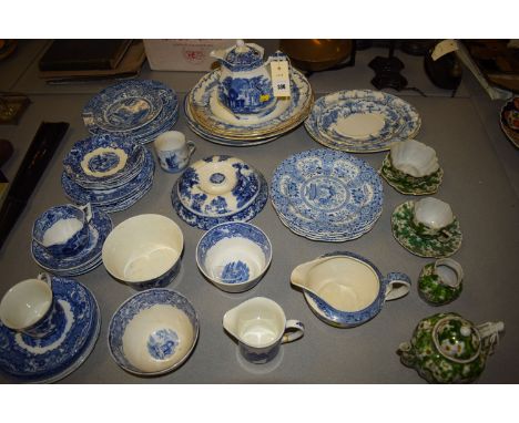 A collection of miscellaneous blue and white decorative ceramic tea ware and dinner plates; by Abbey; Spode; and others.