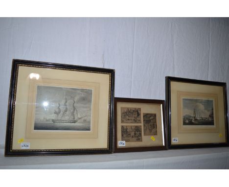 An antique aquatint "Capture of Curacoa"; another antique marine aquatint; and a triple presentation of marine views of Newca