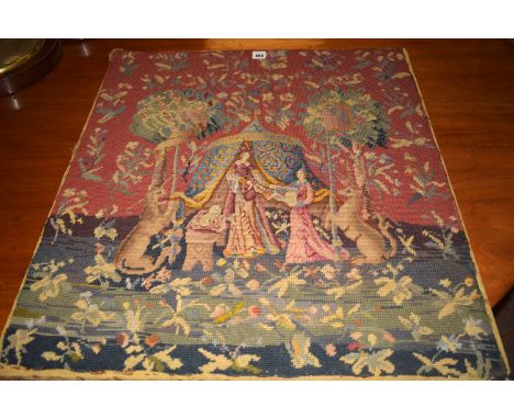 A 20th Century woolwork picture, copying the 16th Century Belgian tapestry 'Lady & The Unicorn', now in the Cluny Museum, 67 