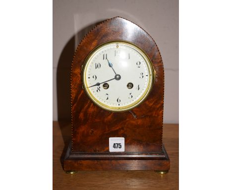 A burr walnut mantel clock with chevron inlay and enamel arabic dial, French movement with B.B. & E. stamp