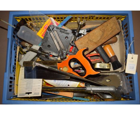 Two boxes of assorted tools, to include: chisels; saws; a Marples 6808 clamp; files; together with a telescopic light fitted 