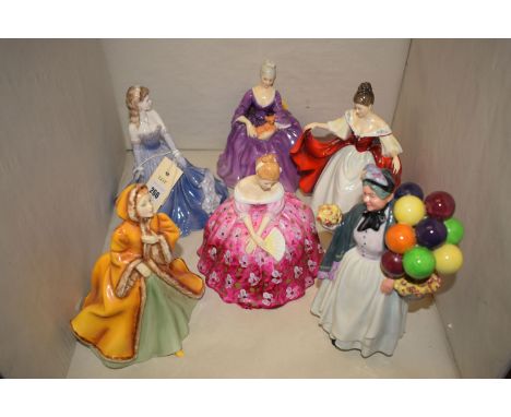 A collection of five Royal Doulton figurines, comprising: HN1843 Biddy Penny Farthing; HN2265 Sara; HN2471 Victoria; HN2919 R