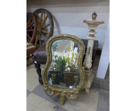 A gilt framed mirror, lamp base and stool 