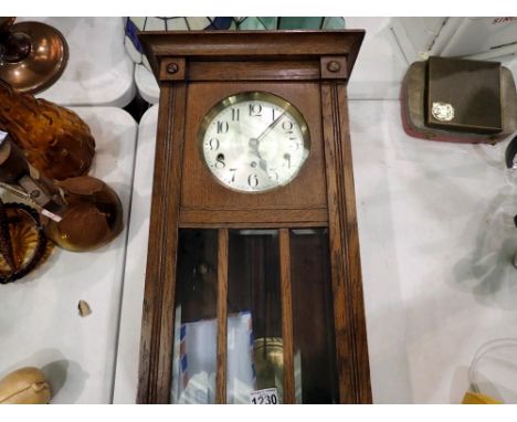 Oak cased Westminster chiming wall clock, with service history. Not available for in-house P&amp;P 