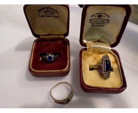 Three rings, one 9ct gold a 9ct gold and silver ring set with sapphires and a 925 silver ring, mixed sizes. UK P&amp;P Group 