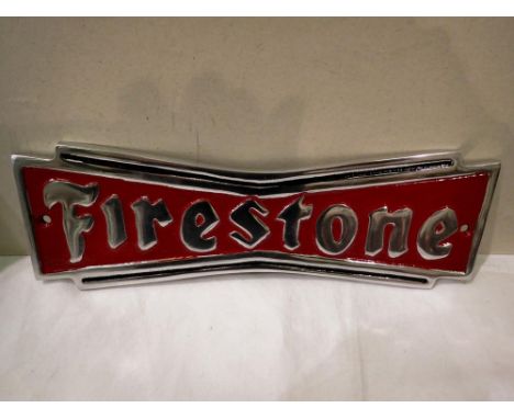 Aluminium Firestone Tyres plaque, W: 30 cm. UK P&amp;P Group 1 (£16+VAT for the first lot and £2+VAT for subsequent lots) 