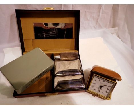 Estyma travel clock and a gentlemans travel set. UK P&amp;P Group 1 (£16+VAT for the first lot and £2+VAT for subsequent lots