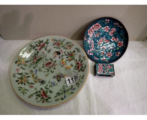 Oriental hand painted dish and enamelled saucer with matching match box. UK P&amp;P Group 2 (£20+VAT for the first lot and £4