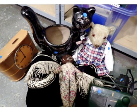 Mixed items including dolls and ceramic cat. Not available for in-house P&amp;P 