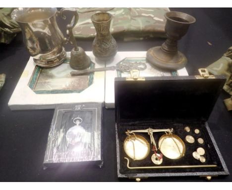 Mixed items including a set of miniature scales. Not available for in-house P&amp;P 