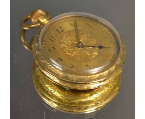 An Edwardian 18ct gold case fob watch,gold dial, Arabic numerals, floral centre, button wind movement, stamped 18k, 32g gross