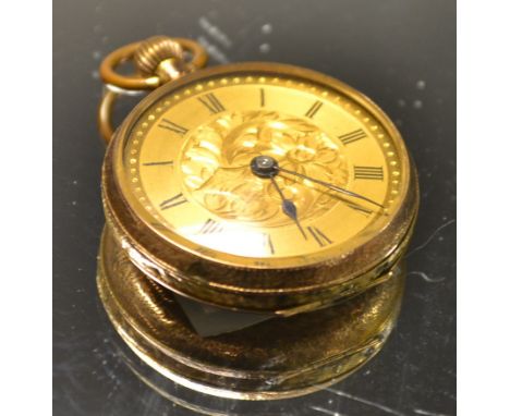 An Edwardian 9ct gold case fob watch,gold dial, Roman numerals, floral engraved centre, button wind movement, stamped 9k, 26g