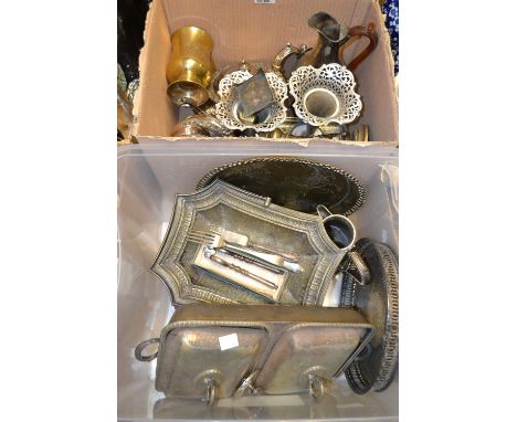 Silver plate - food warmer; three piece tea service; basket; pewter bowl; etc
