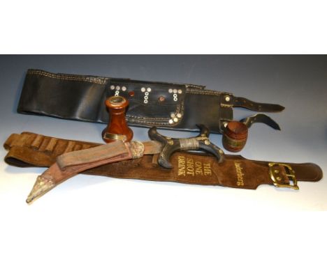 A Sudanese Hadendoa dagger, ebony fluted hilt, silver wire bound centre, curved shallow blade, leather sheath; a cartridge be