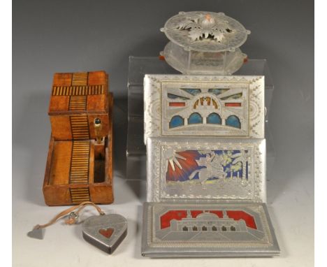 WWII Prisoner of War- a hand made cigarette case; two others; a decorative cigarette lighter as a love heart; a similar trink