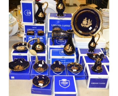 Limoge Castel - a grand piano trinket box and cover, plates, jugs, vases etc, boxed with paperwork (24)