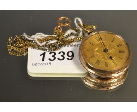An Edwardian 9ct gold case fob watch,gold dial, Roman numerals, floral centre, button wind movement, stamped 9k; hung from a 