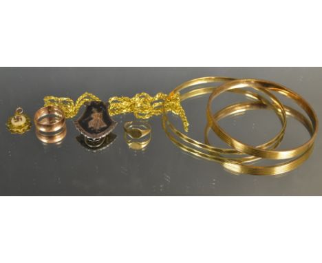 Jewellery - a 9ct gold wedding band; a 9ct gold chair; a rolled gold bangle; etc.