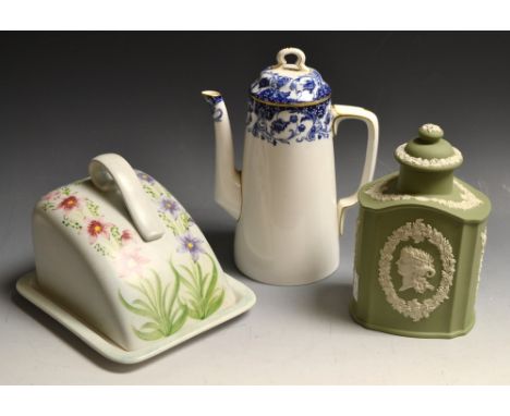A Wedgwood green Jasper ware tea caddy ; a Royal Worcester  Blue and white coffee pot; a Radford cheese dish (3)