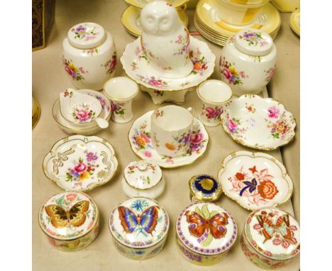 A set of four Royal Crown Derby Butterfly pattern trinket pots; Posie pattern comport; owl money bank; pair of ginger jars an