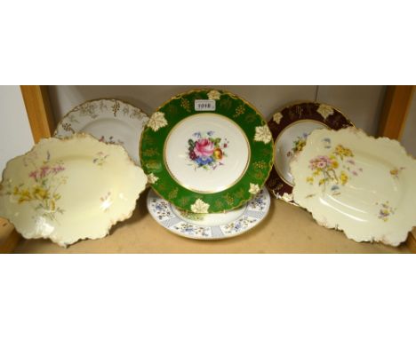 A Royal Crown Derby floral garnett cabinet plate, green vine border; another with red border; a hunting scene Mandarin patter