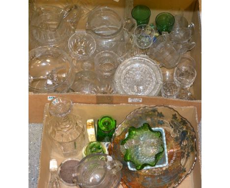 Glassware - a Victorian emerald green and clear stippled basket;  an inkwell; a stopper decanter; etc (2 boxes)