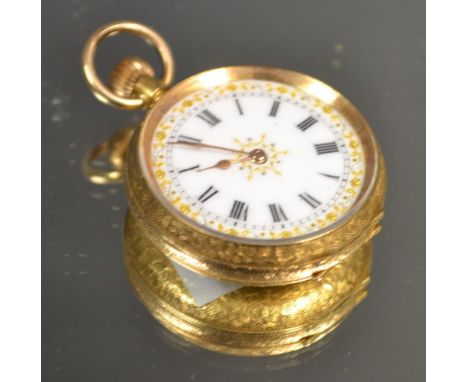 An Edwardian 18ct gold case fob watch,white dial, Roman numerals, floral outer ring, button wind movement, stamped 18k, 27g g