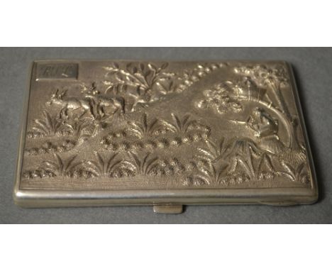 An Indian silver cigarette case, the cover engraved with huntsmen and prey, 2.7g, unmarked
