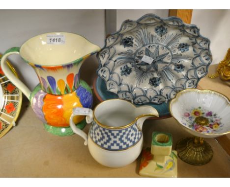 Ceramics - a Poole pottery bowl; a continental pedestal bonbon dish; a painted jug; etc (6)