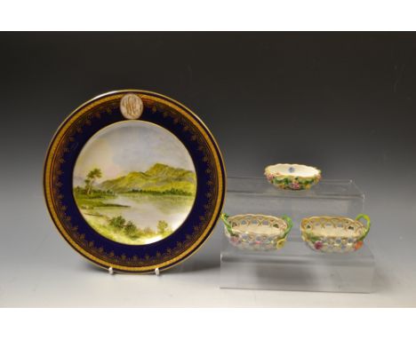 A Spode cabinet plate, painted with a Lakeland landscape with cobalt blue and gilt border, initialled cartouche, printed mark