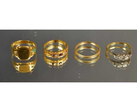 Gold Jewellery - a three stone diamond dress ring 18ct shank ; a diamond and ruby five stone ring 18ct shank; a signet ring; 