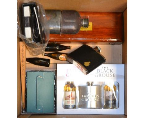 A Sykes hydrometer, marked J. Taylor, Nottingham; an Edwardian leather and silver plated glass hip flask; others; miniature G