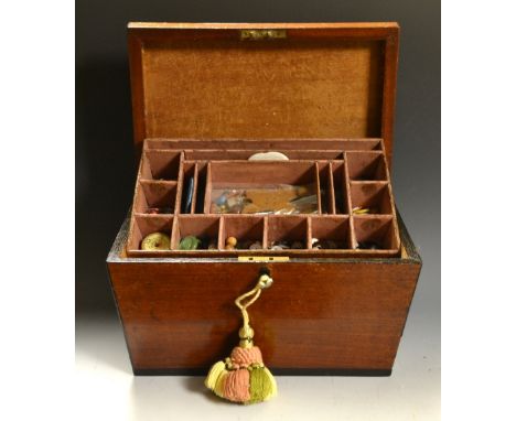 A Victorian mahogany tea caddy, sarcophagus form, converted into a sewing box; a George III rectangular tea caddy (2)