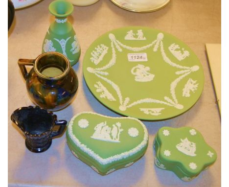 A Wedgwood green jasper ware vase, trinket boxes and plate; a Denby majolica jug; a pressed glass jug (6)