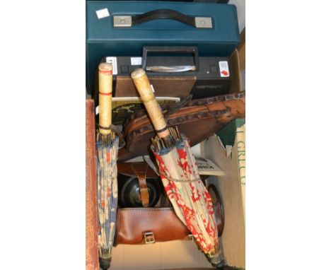 A pair of Lignoid carpet bowls, Thomas Taylor, Glasgow, size No 1, cased; oak bellows; two cased typewriters; two parasols; b