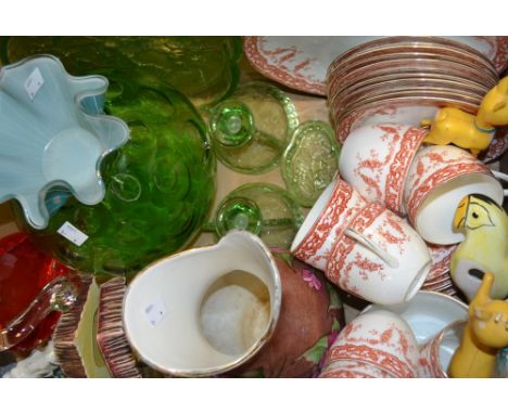 Ceramics and Glass - a green glass dressing table set; a handkerchief vase; a part tea service; a Sylvac vase; book ends; Bab