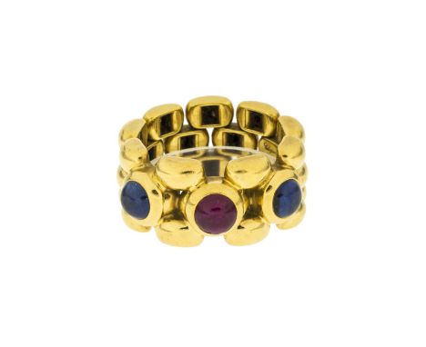 Chopard, bague maille en or 750 sertie de saphirs et rubis taille cabochon, , Signée, doigt 54-14, 15g