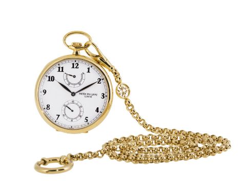 Patek Philippe, montre de poche en or 750 avec indication de la réserve de marche et sa chaîne, Signée Patek Philippe, réf. 9