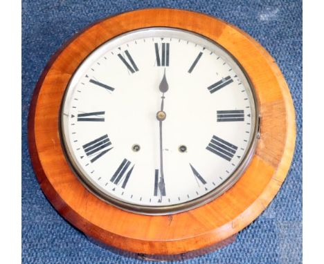 19thC 8 Day Railway Clock, Spring Driven With Alarm, Painted Tin Dial In A Walnut Case. Diameter 18 Inches