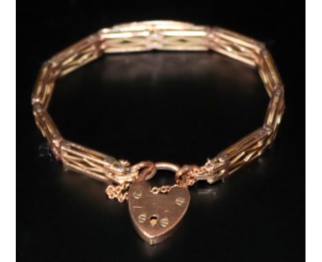 9ct Gold - Fancy Link Design and Solid Bracelet with Heart Shaped 9ct Gold Padlock and Safety Chain. Fully Hallmarked For 375