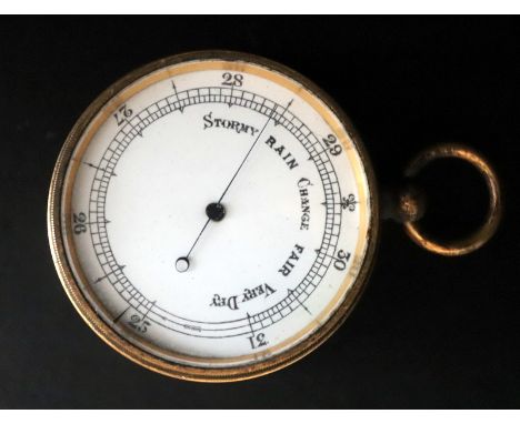 Gilt Metal Pocket Barometer With Enamel Dial, 2 Inches Diameter 