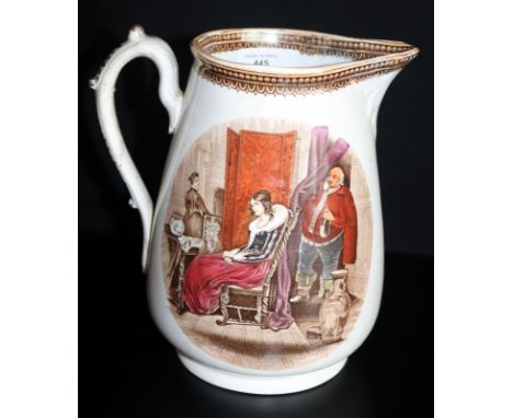 Unusual Staffordshire Transfer Printed Stage Decorated Jug Depicting shakespeares Anne Page with Falstaff, Shakespearean Play