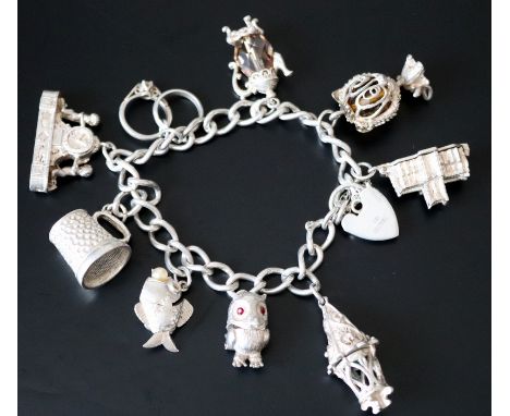 Silver Charm Bracelet Loaded With Charms, Each Link Stamped, Heart Padlock Fully Hallmarked, Charms To Include Nuvo Cherub Ma