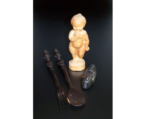 Collection Of Wooden Carvings, To Include Standing Baby, Tribal Spoon And Fork, Etc 